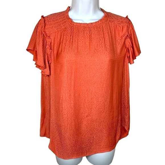 Ann Taylor Coral Orange Satin Ruffle Blouse Dot Print Short Sleeve - Picture 1 of 9